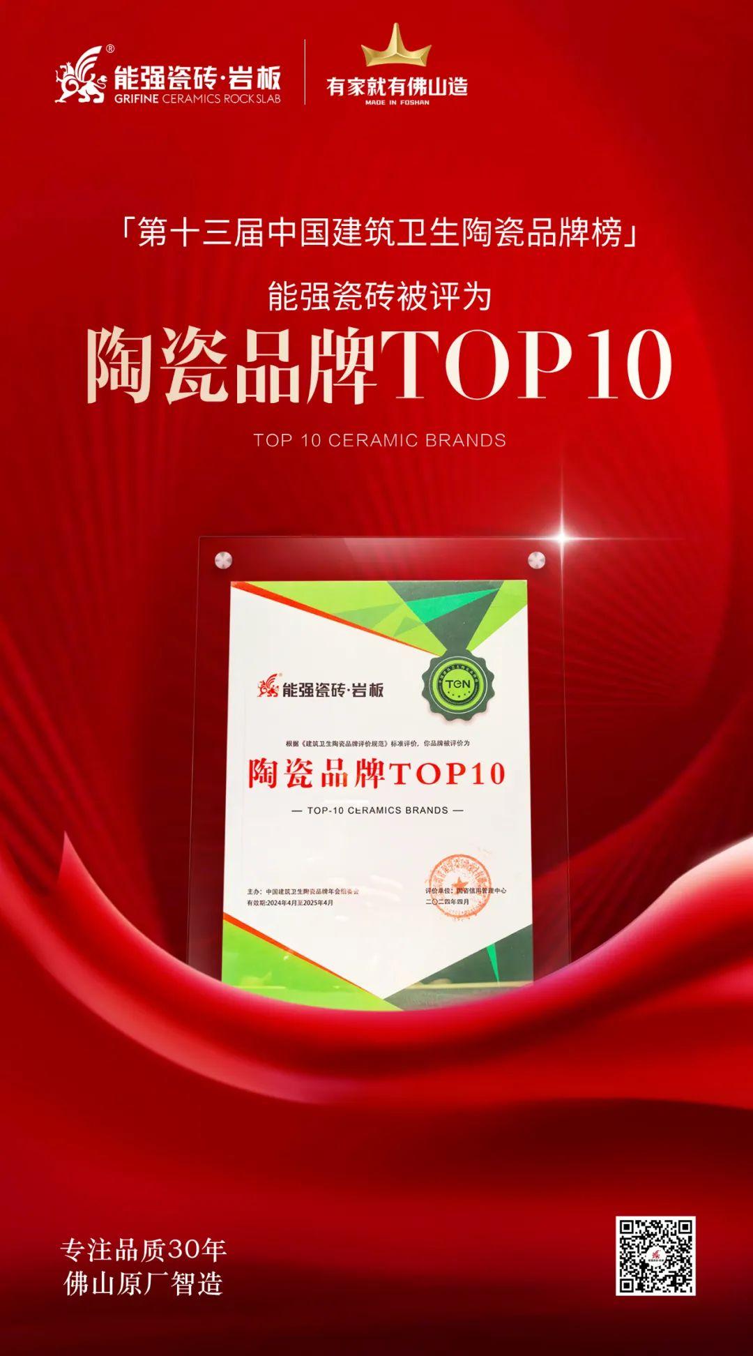 匠心榮耀丨能強(qiáng)瓷磚斬獲“陶瓷品牌TOP10”殊榮！